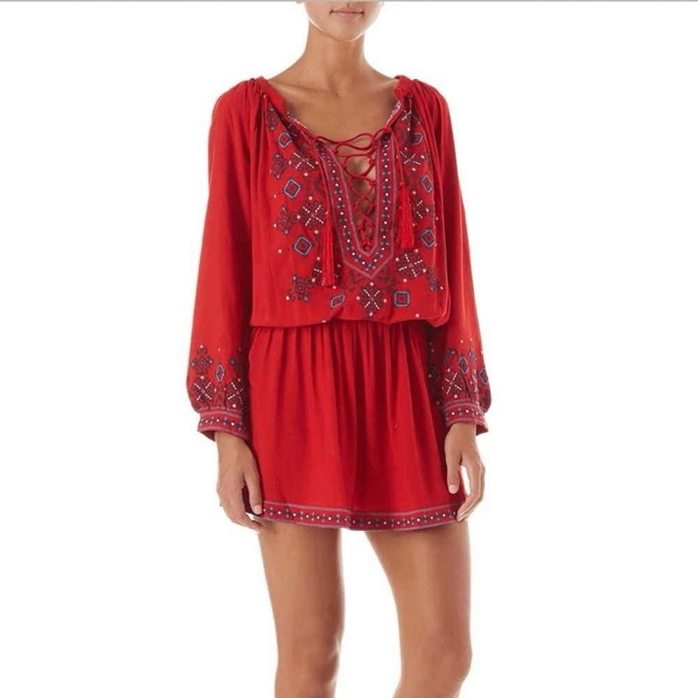 Melissa Odabash Red Nadja Embroidered Short Mini Dress Women Small Viscose Boho